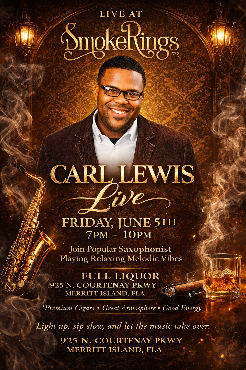 Carl Lewis performs LIVE Friday, June 5th from 7–10 PM at Smoke Rings 72.